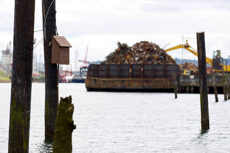 A birdhouse is mounted on a wooden pole in the foreground of a waterfront scene, with a large barge carrying a heap of scrap metal and industrial equipment in the background.