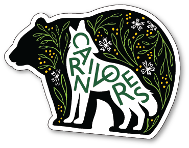 A badge-shaped illustration with a bear and wolf silhouette overlap, filled with green leaves and white flowers. The word CARNIVORES is written across the animals in large green letters.