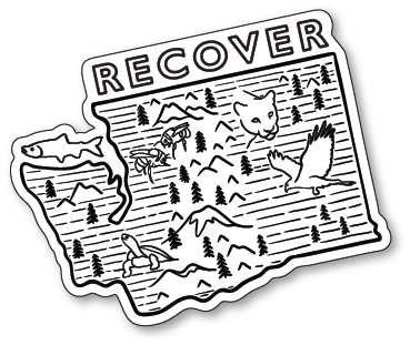 A graphic of a black and white outline of Washington State with the word RECOVER at the top, featuring trees, mountains, a fish, a lobster, a cougar, a bird in flight, and a turtle.