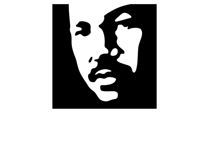 Black and white graphic illustration of a mans face inside a square, above the words King County in large, bold letters on a white background.