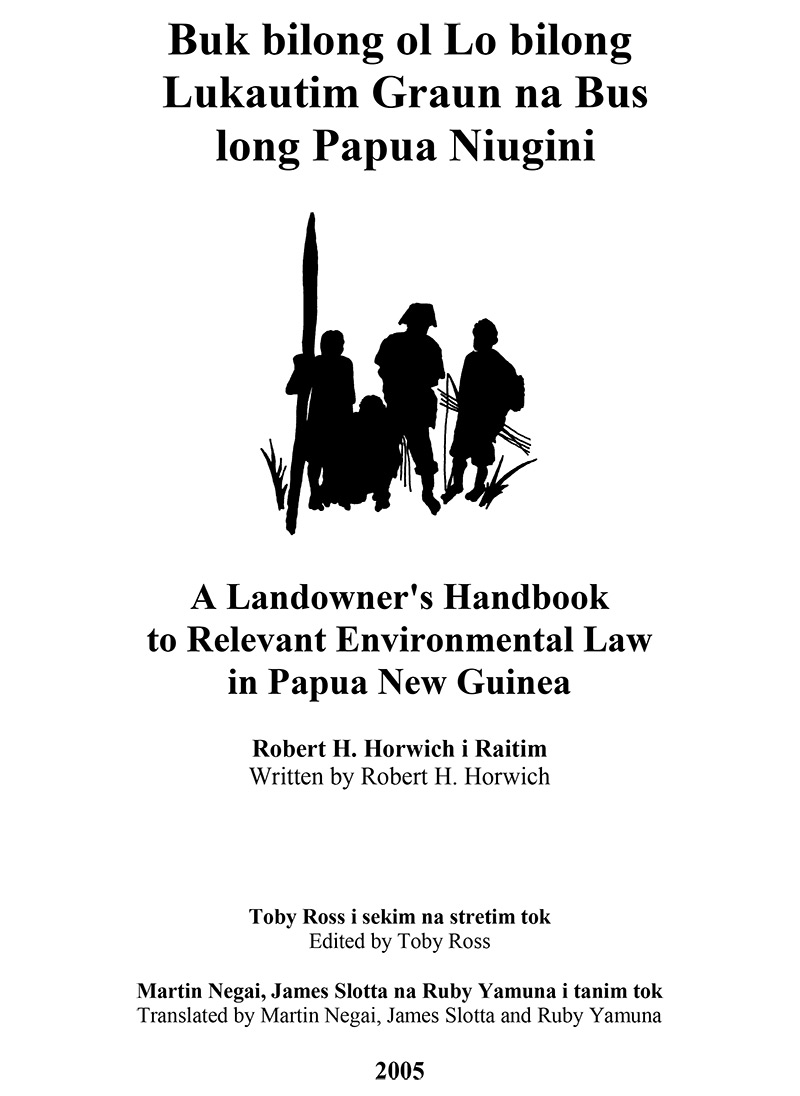 Front cover of a handbook titled Buk bilong ol Lo bilong Lukautim Graun na Bus long Papua Niugini, featuring silhouettes of four people walking, with the subtitle about environmental law in Papua New Guinea.