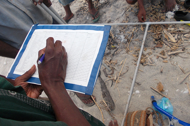 A person writes on a clipboard with a blue pen, filling out a form during collaborative research opportunities with the Tree Kangaroo Conservation Program. The scene is outdoors on sandy ground, with scattered debris.