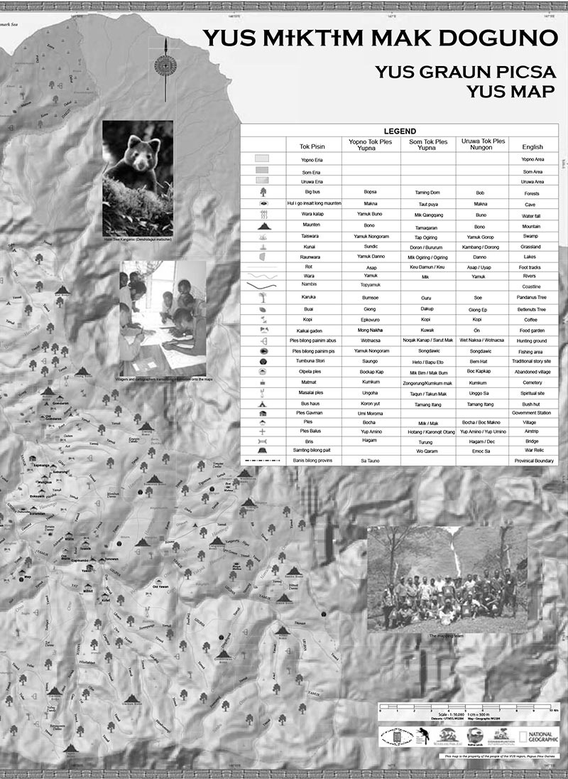 A grayscale map titled “YUS Map” with terrain details, village icons, three inset photos of people, a tree kangaroo, and a large legend chart listing place names.