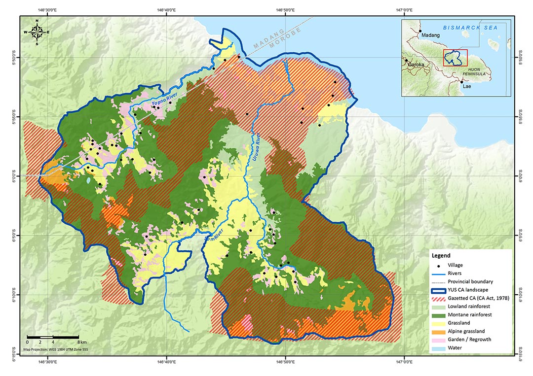 A map of a province showing rivers, villages, diverse land cover types, the provincial boundary, and an inset map of Papua New Guinea highlighting the geographic location of the Tree Kangaroo Conservation Project.