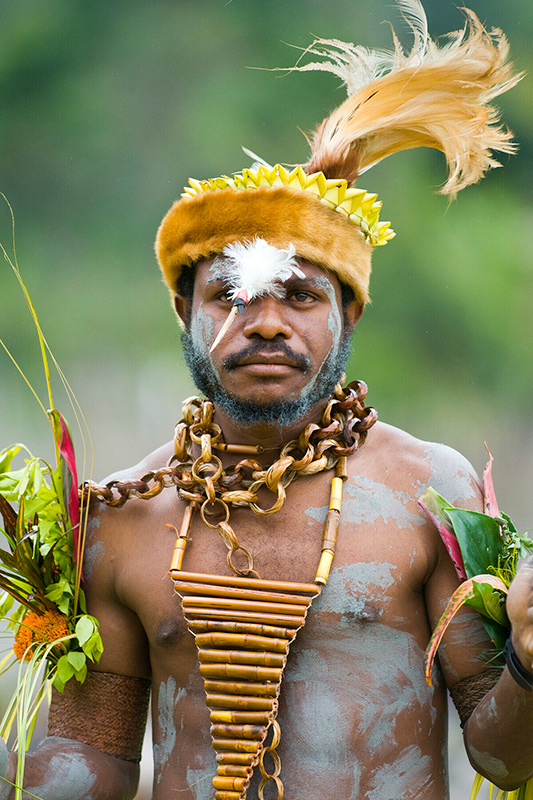 A man wearing traditional tribal attire stands outdoors. He has a feathered headdress, face paint, and large necklaces made of wood and chain. He holds leafy plants in both hands, with his chest and arms decorated with white paint.