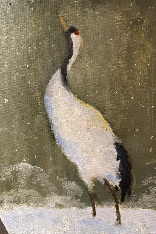 Painting of a crane in the snow