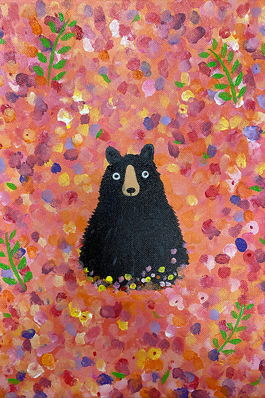 Painting of a black bear with colorful dots all around