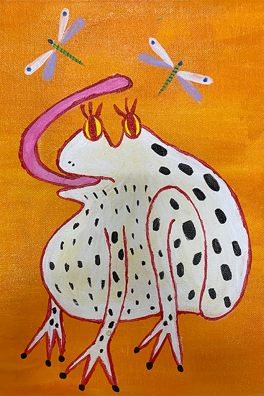 Painting of a frog trying to catch bugs