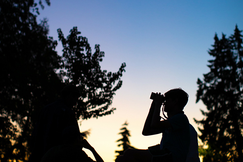 Silhouetted figures against a sunset sky, with one person holding binoculars and looking up. Trees and foliage are visible in the background, creating a peaceful outdoor scene.