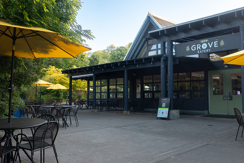 Outdoor patio of 1899 Grove with empty black metal tables and chairs, yellow umbrellas, and greenery in the background on a sunny day. The restaurants entrance and sign are visible.