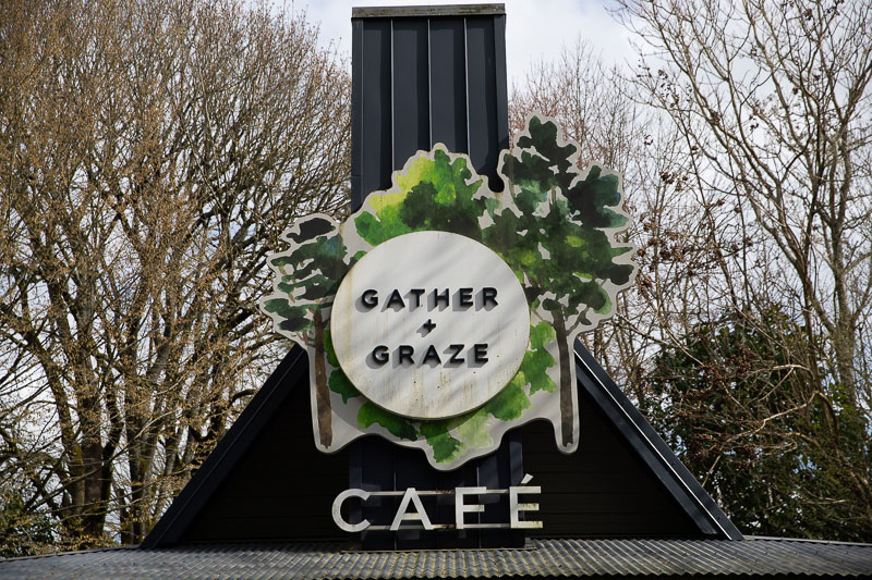 A sign reading Gather & Graze with illustrated green leaves is mounted above the entrance of a café, with bare trees and cloudy sky in the background.