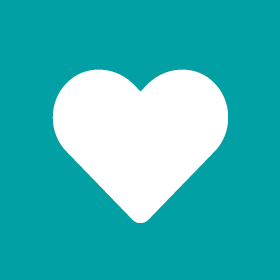 A solid white heart icon centered on a teal background.