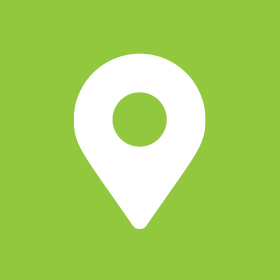 A white map location pin icon centered on a green background.