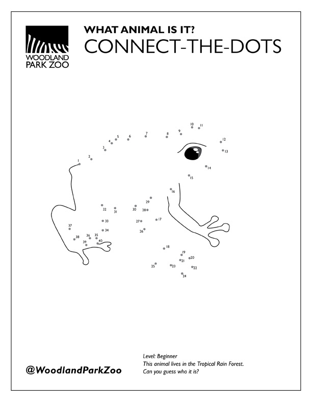 A connect-the-dots activity page with numbered dots outlining the shape of a frog. The page is labeled What Animal Is It? Connect-the-Dots from Woodland Park Zoo. Instructions mention the animal lives in the tropical rain forest.