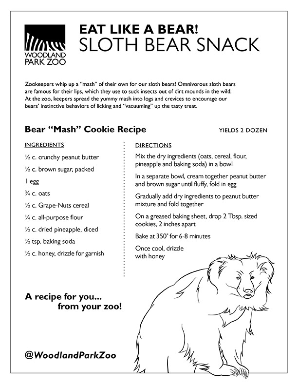 A black-and-white recipe sheet titled Eat Like a Bear! Sloth Bear Snack featuring a bear illustration, ingredients, instructions to make bear “mash” cookies, and the Woodland Park Zoo logo.