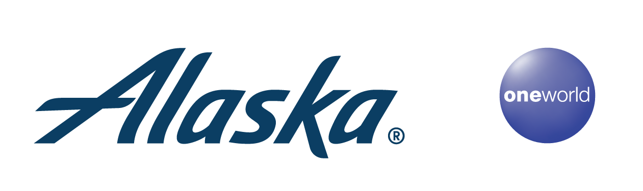 Alaska Airlines logo in blue script on the left, next to a blue circle with the oneworld alliance logo in white on the right, both on a light background.