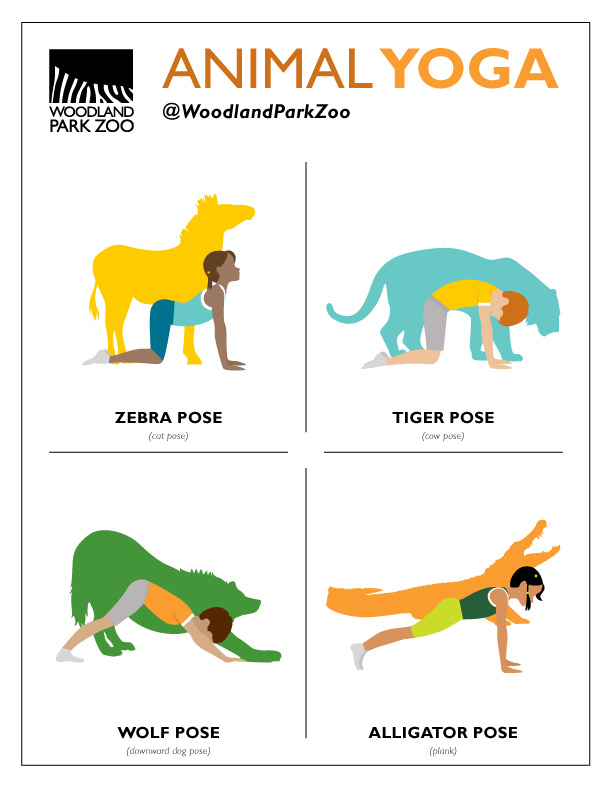 An illustrated poster shows four yoga poses paired with animals: zebra/cow pose, tiger/cow pose, wolf/downward dog pose, and alligator/plank pose. Each pose is demonstrated by a person with a matching animal silhouette.