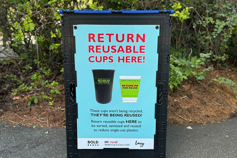 A sign on a black bin reads, “RETURN REUSABLE CUPS HERE!” with images of two reusable cups and instructions to return them for reuse, set outdoors with greenery in the background.