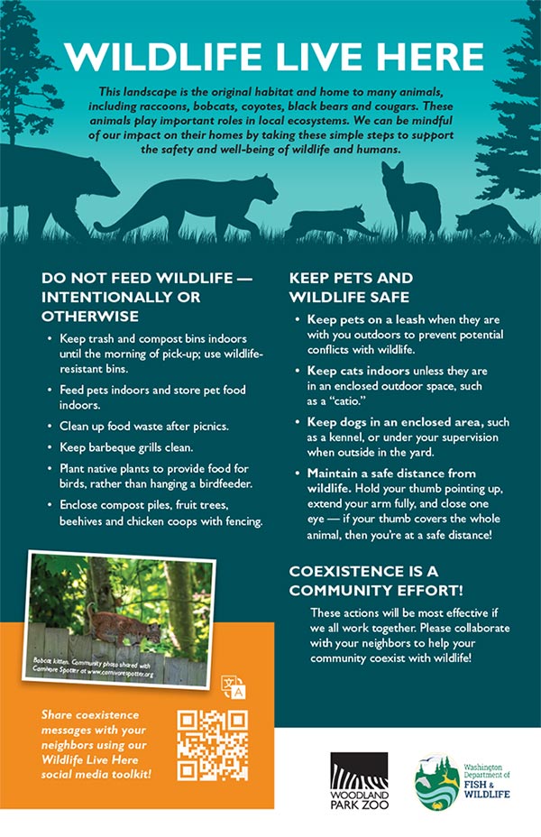 An informational poster explains ways to coexist with wildlife, advising not to feed wildlife, to keep pets safe, and to work together as a community, with sections in blue and green and animal silhouettes at the top.
