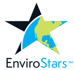 A black star with a blue and green Earth illustration forming part of the star, above the text EnviroStars in black and blue letters.