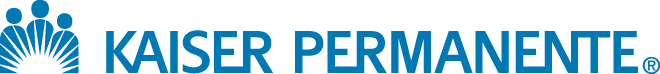 Kaiser Permanente logo featuring a stylized blue sunburst with three human figures above the words Kaiser Permanente in bold blue letters on a light gray background.
