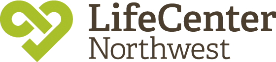 LifeCenter Northwest logo with a stylized green heart on the left and “LifeCenter Northwest” in bold brown text on the right, all on a light background.