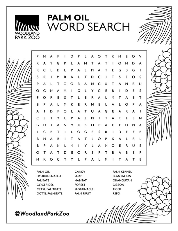 Black and white palm oil-themed word search puzzle with tropical leaf and palm fruit illustrations along the borders. A list of related words is provided below the puzzle grid. Woodland Park Zoo is in the upper left corner.