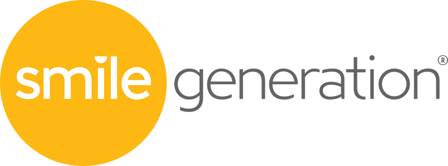 Logo with the word smile in white lowercase letters inside a large yellow circle, next to the word generation in gray lowercase letters on a white background.