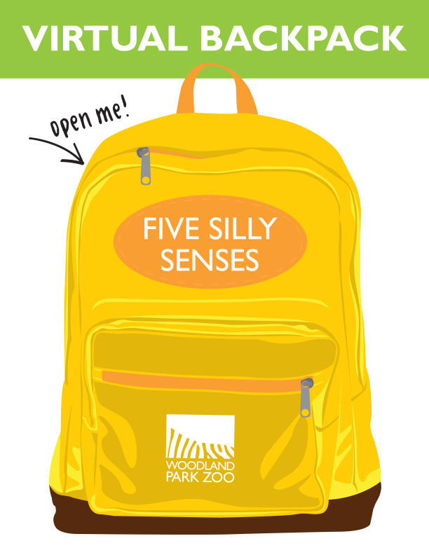 Illustration of a yellow backpack labeled FIVE SILLY SENSES with WOODLAND PARK ZOO on the pocket. A text at the top reads VIRTUAL BACKPACK and an arrow points to the zipper with the words open me!.