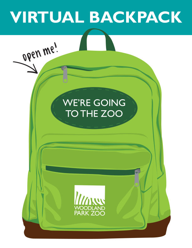 Illustration of a green backpack with the text WERE GOING TO THE ZOO on the front pocket and a Woodland Park Zoo logo at the bottom. Above, it says VIRTUAL BACKPACK. An arrow points to the zipper with open me! written.