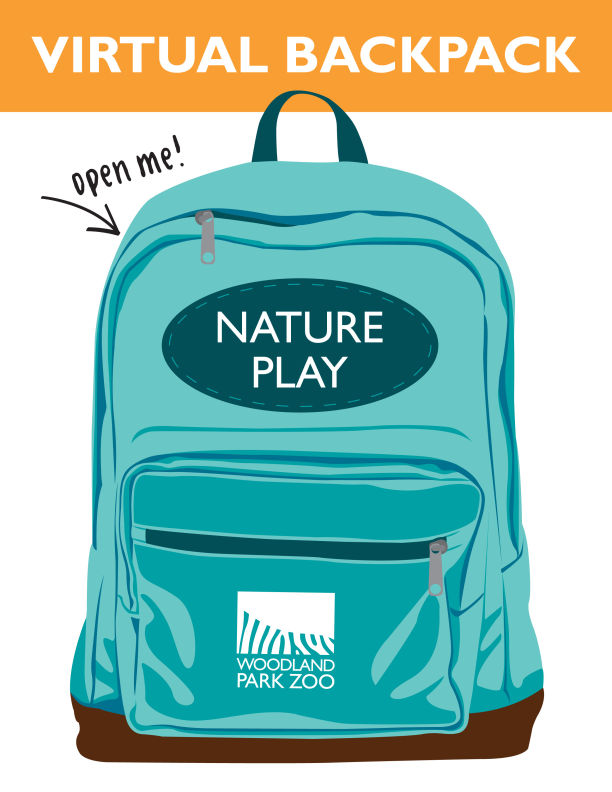 Illustration of a teal backpack with NATURE PLAY on the front pocket, a Woodland Park Zoo logo below, and the words VIRTUAL BACKPACK in bold at the top. An arrow and text say open me! pointing to the zipper.