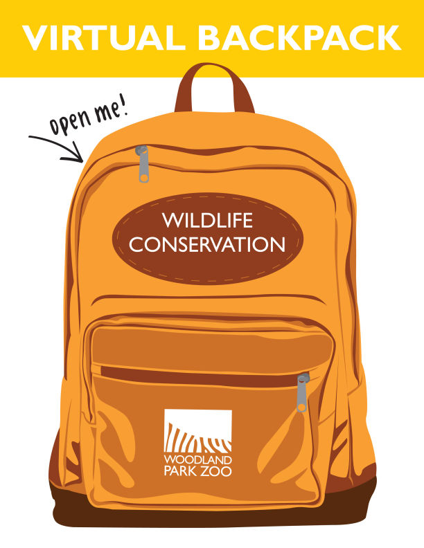 Illustration of an orange backpack with Wildlife Conservation written on a patch and Woodland Park Zoo logo on the front pocket. At the top, it says VIRTUAL BACKPACK in bold yellow text. An arrow points to the zipper with open me!.
