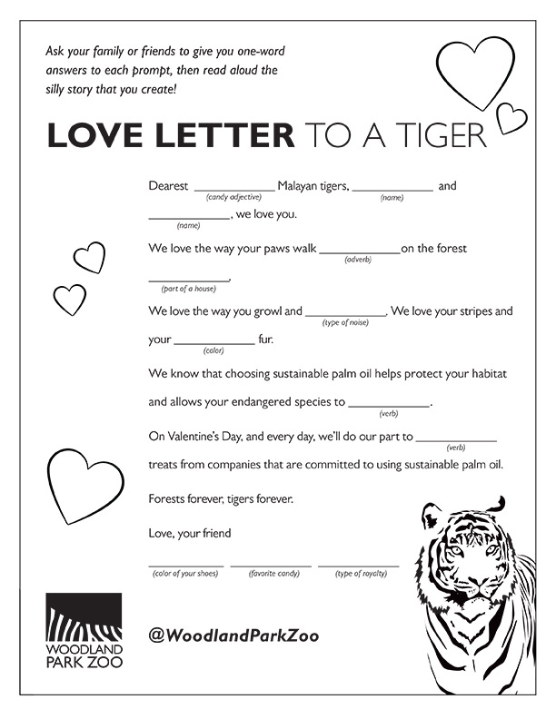 A fill-in-the-blank Valentines Day letter activity sheet for kids, themed around tigers and sustainability, with heart illustrations and a tiger drawing. Woodland Park Zoo logo and social media handle are at the bottom.