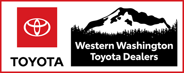 Toyota logo with a red background on the left, and a mountain silhouette with trees and the text Western Washington Toyota Dealers on the right.