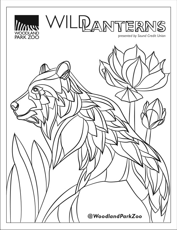 A stylized, geometric bear stands among large lotus flowers and leaves. Text reads “WILD Lanterns” and “Woodland Park Zoo.” Social media handle @WoodlandParkZoo appears at the bottom. Image is designed for coloring.