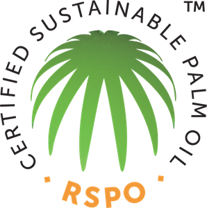 A green palm leaf graphic with the words Certified Sustainable Palm Oil in a circle around it and RSPO in bold orange letters at the bottom.