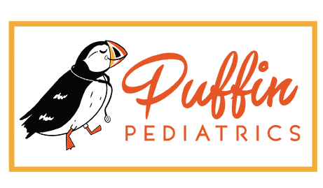 Logo for Puffin Pediatrics featuring a smiling puffin with a stethoscope around its neck, next to the words Puffin Pediatrics in orange script and bold letters, framed by an orange border.