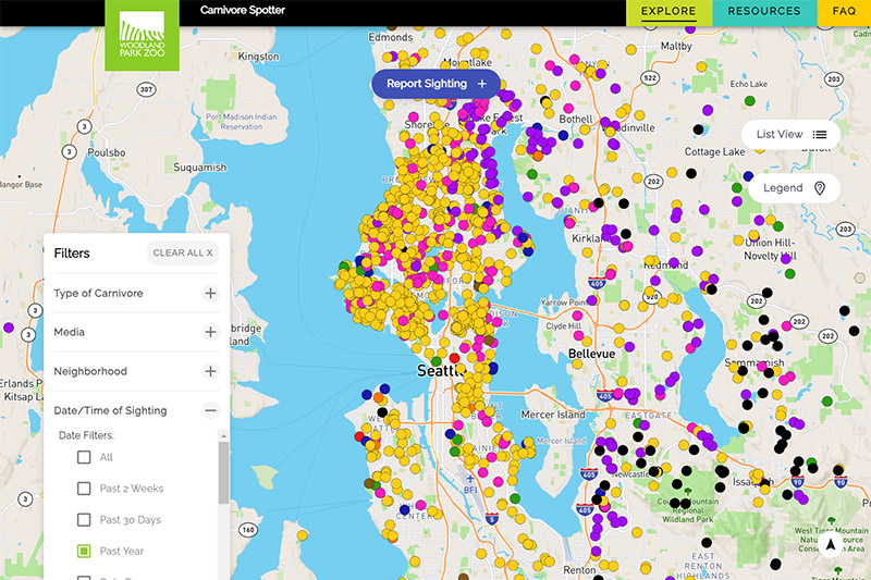 A digital map of the Seattle area displays dense, multicolored dots representing animal sightings. Filters and category selections appear on the left sidebar, with options for type, media, neighborhood, and date/time of sighting.